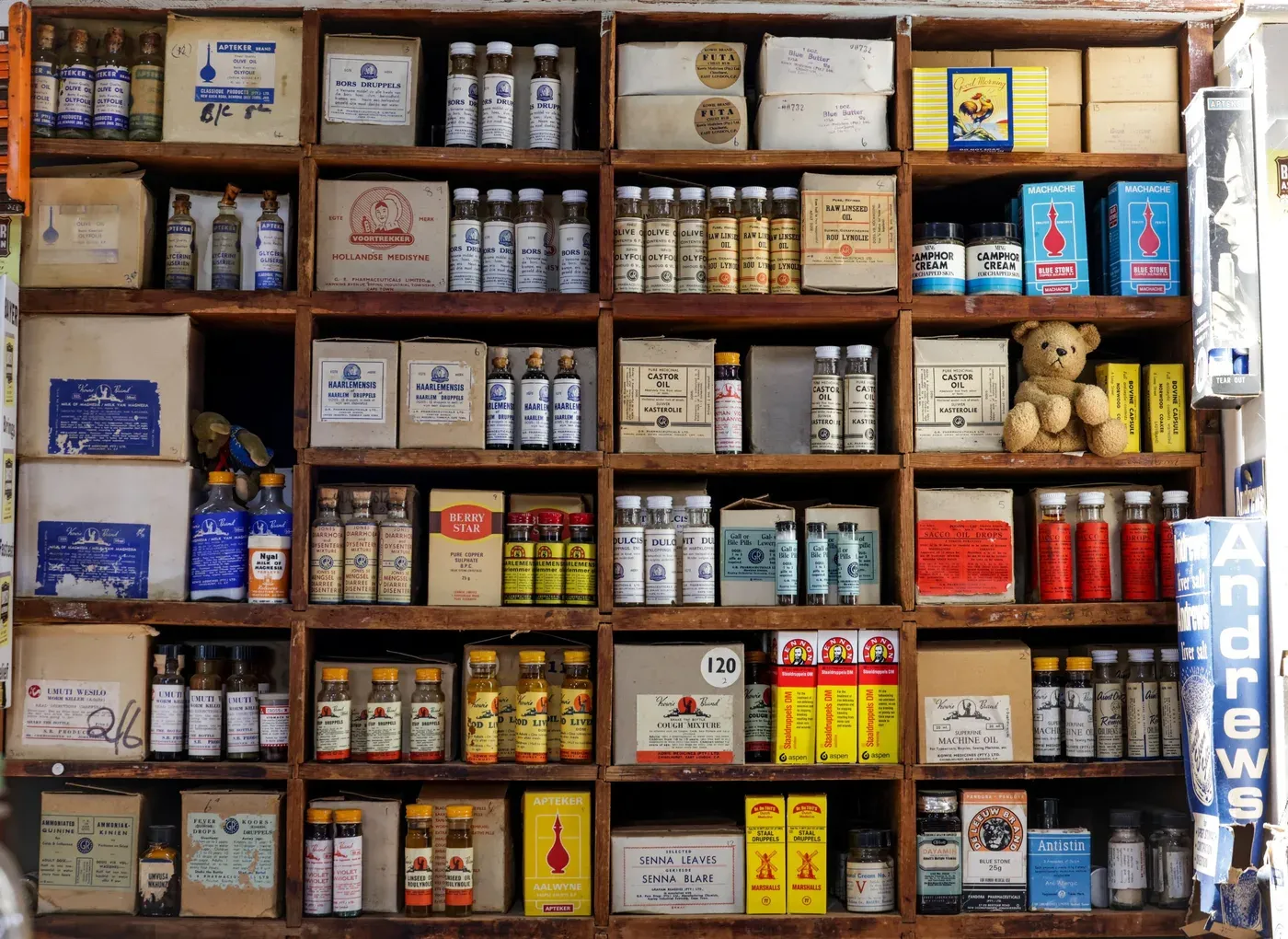 Chemist shelves stacked with bottles and boxes
