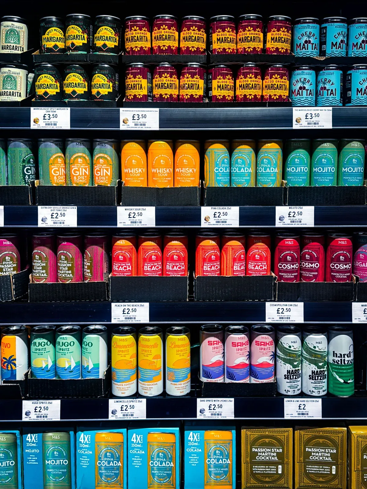 Shelves of canned soft drinks