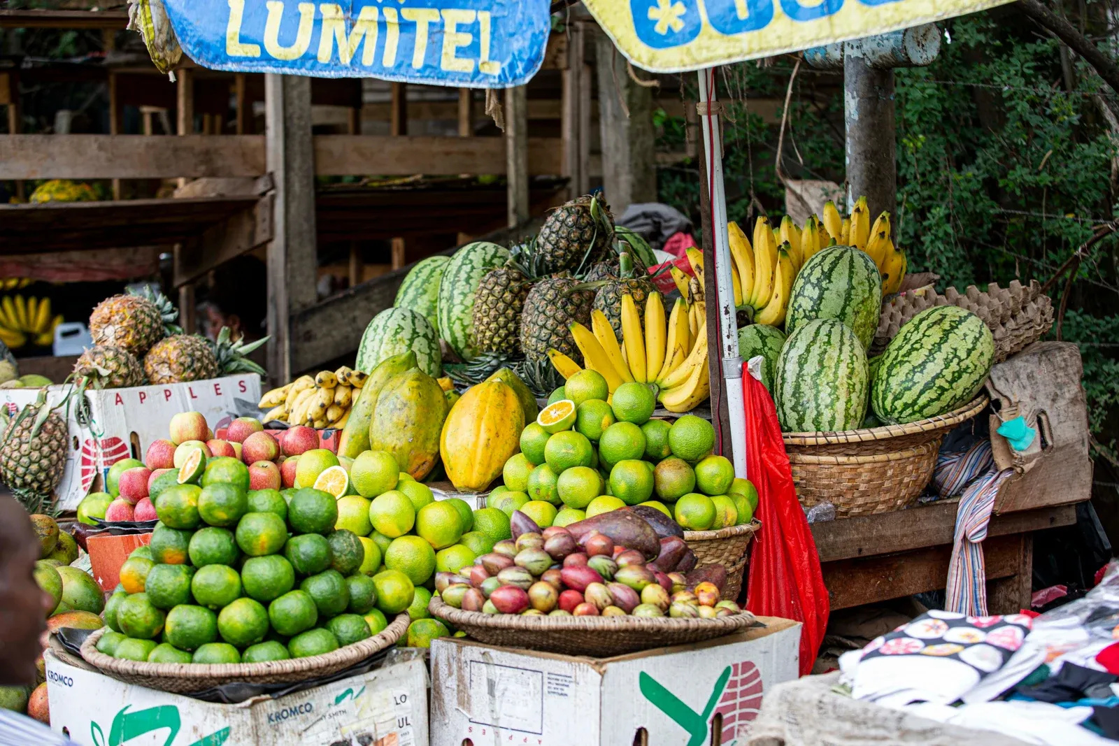 Pineapples and watermelons on a fruit stall