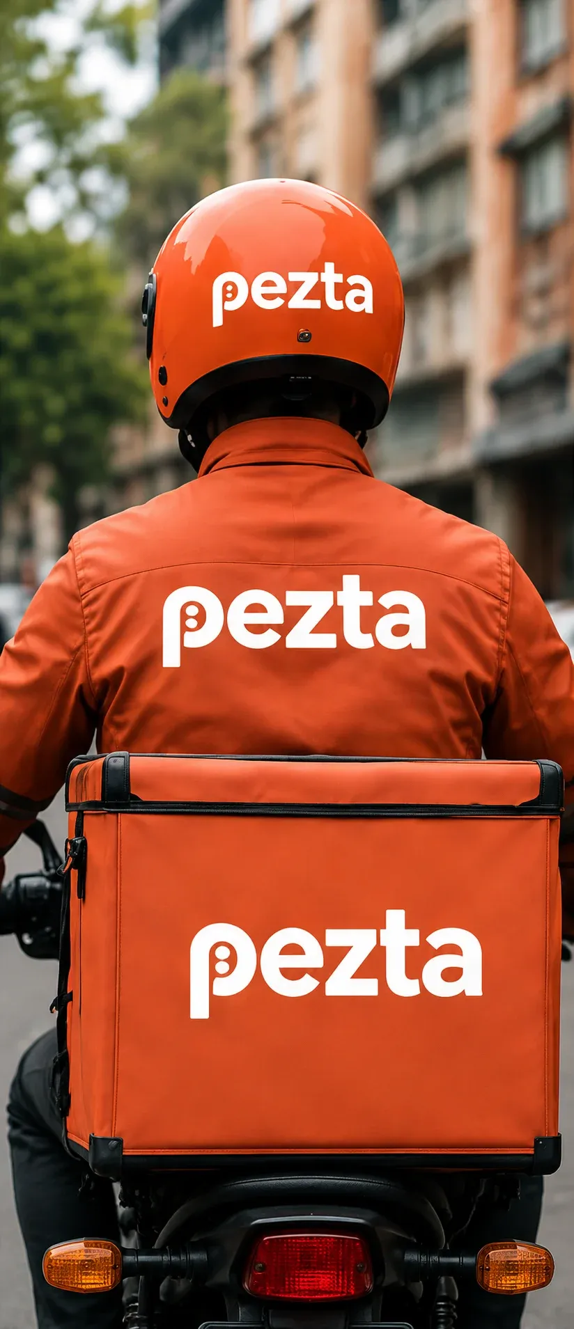 A Pezta rider in the orange jacket and helmet, with the delivery box on the bike