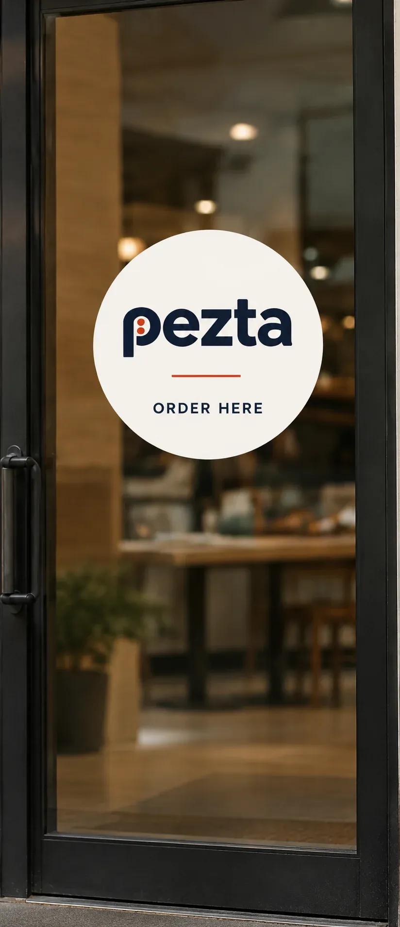 A shop door with a Pezta sticker: Order here
