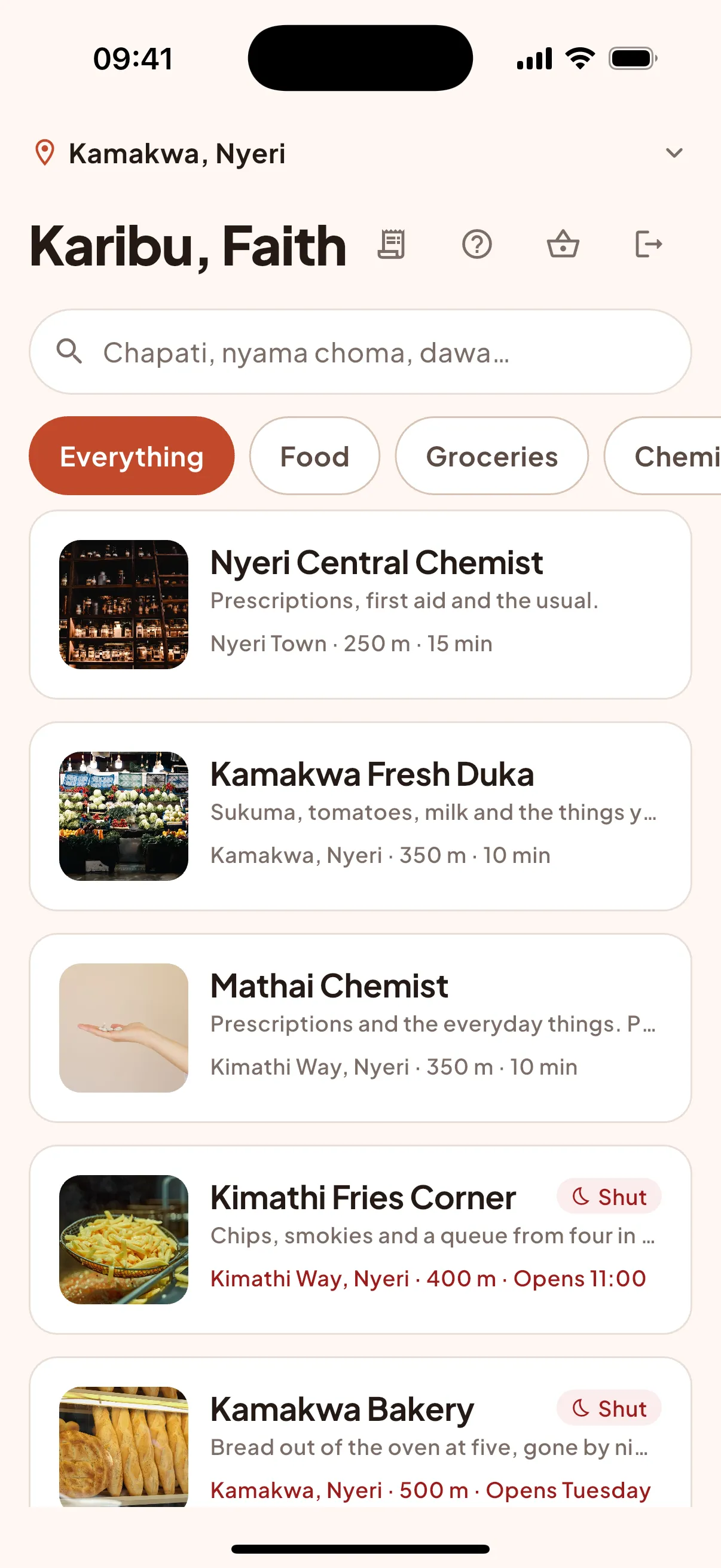 Pezta app home screen: shops near Kamakwa, Nyeri