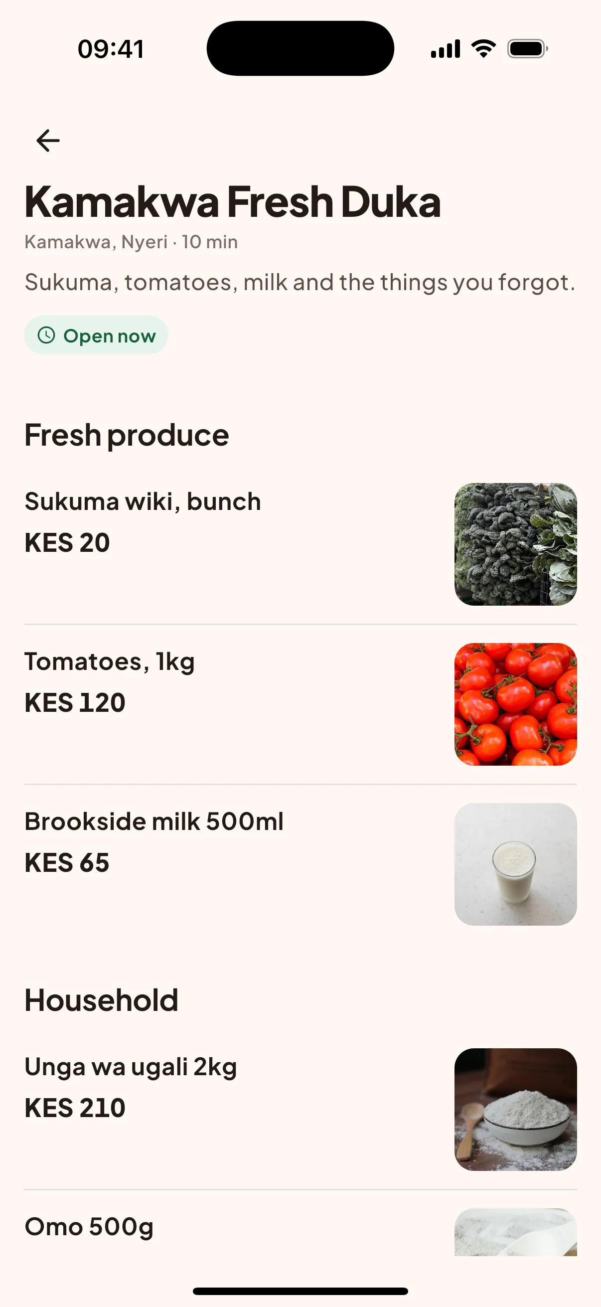 Kamakwa Fresh Duka's items in the Pezta app, each with its price