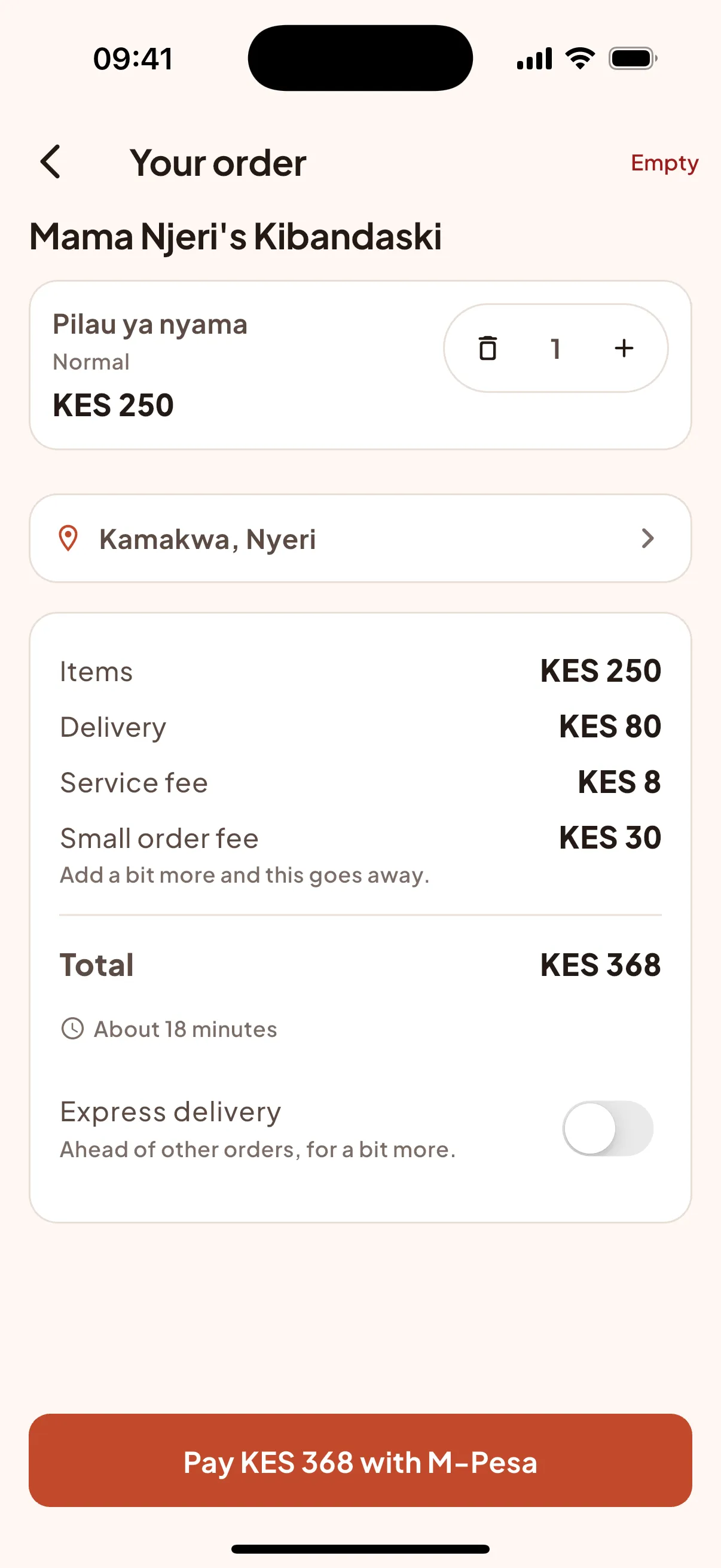 Pezta order screen listing items, delivery, service fee and total