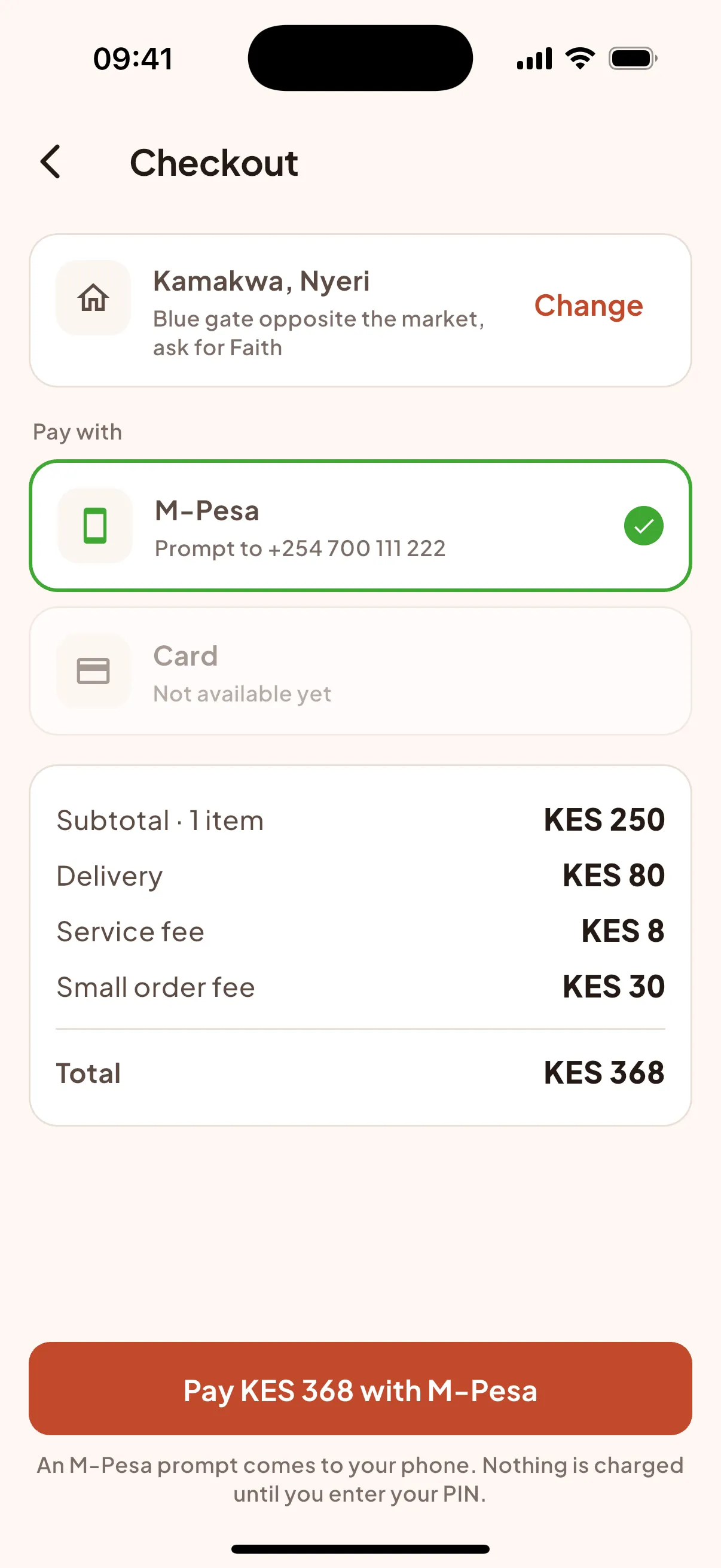 Pezta checkout with M-Pesa selected, total KES 368