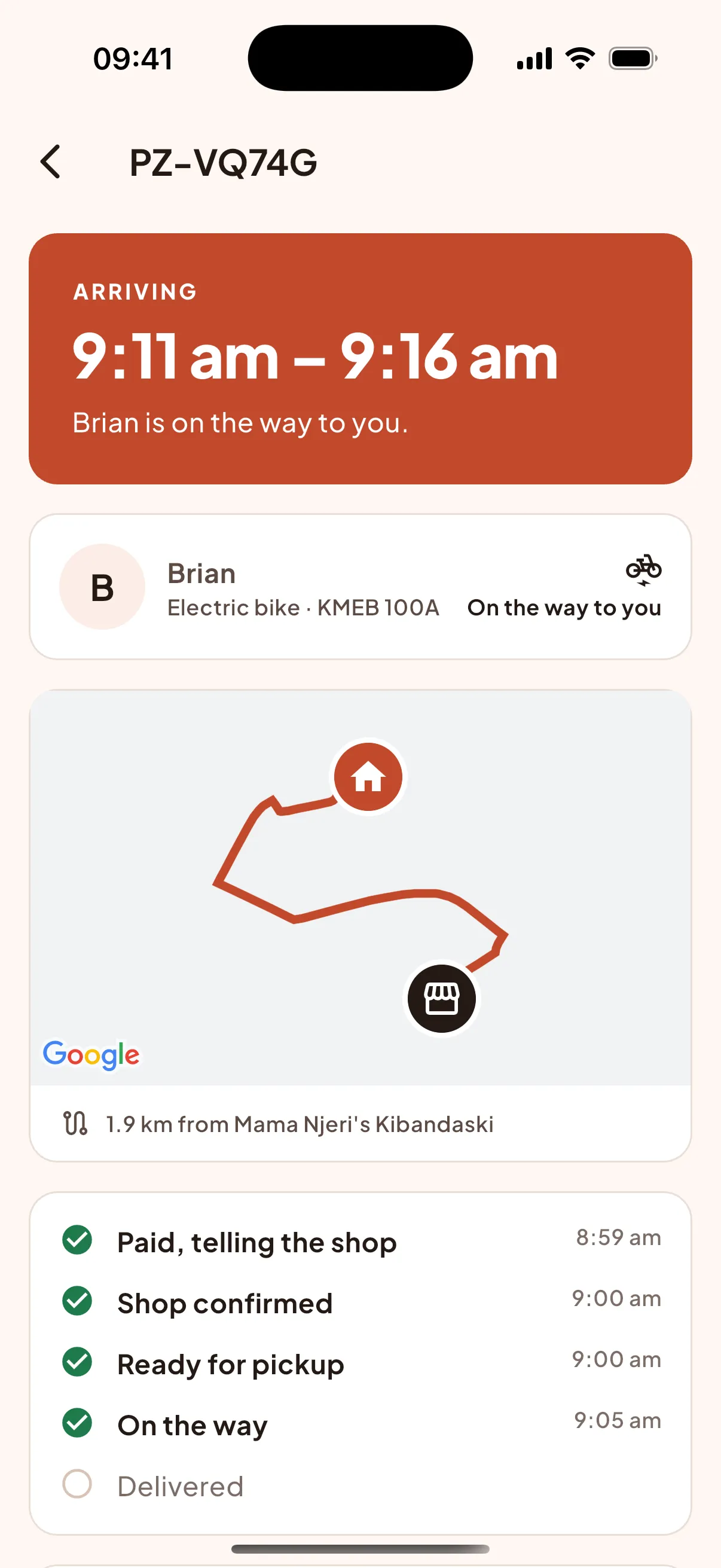 Pezta tracking screen: Brian is on the way, arriving 9:11 am to 9:16 am
