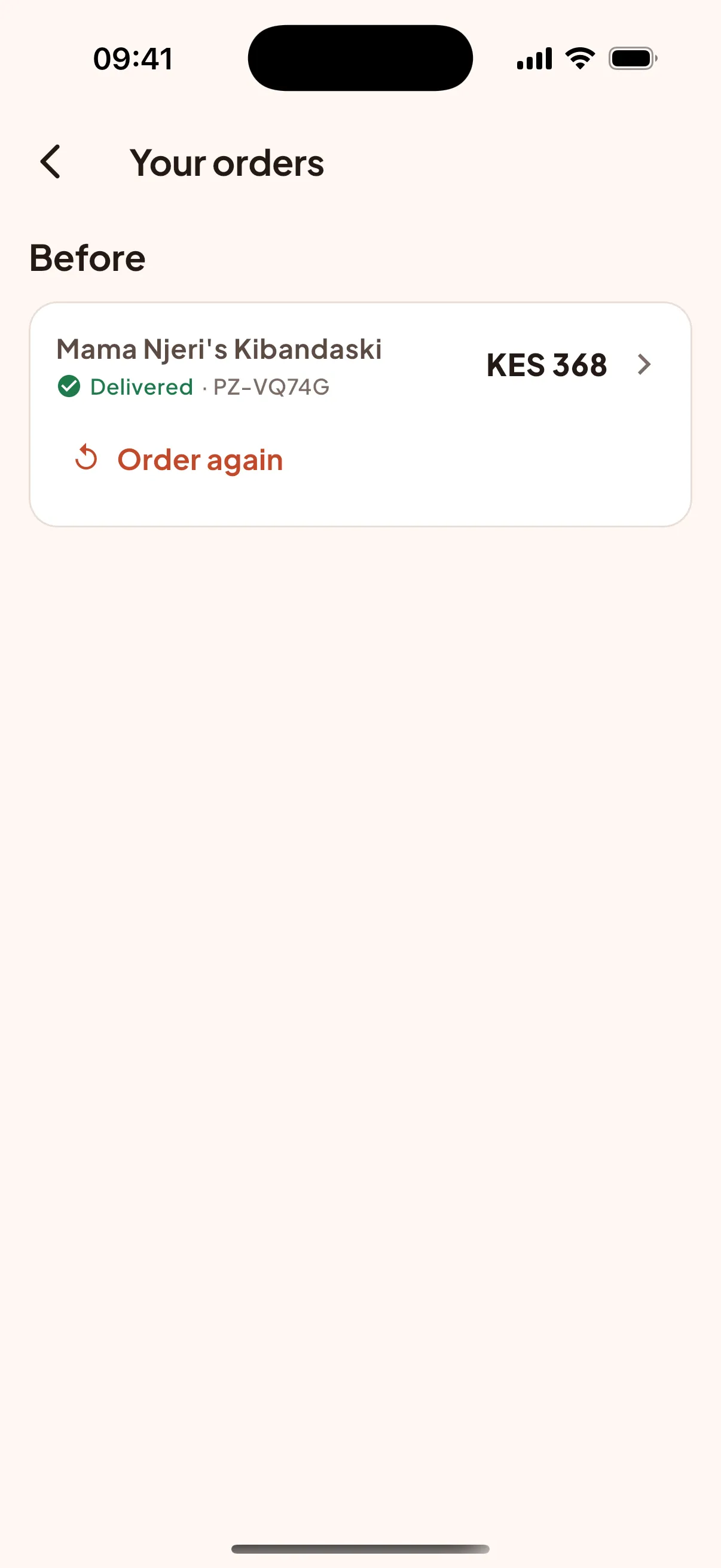 Pezta orders screen with an Order again button