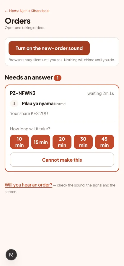 The Pezta vendor app: a new order for pilau ya nyama, your share KES 200